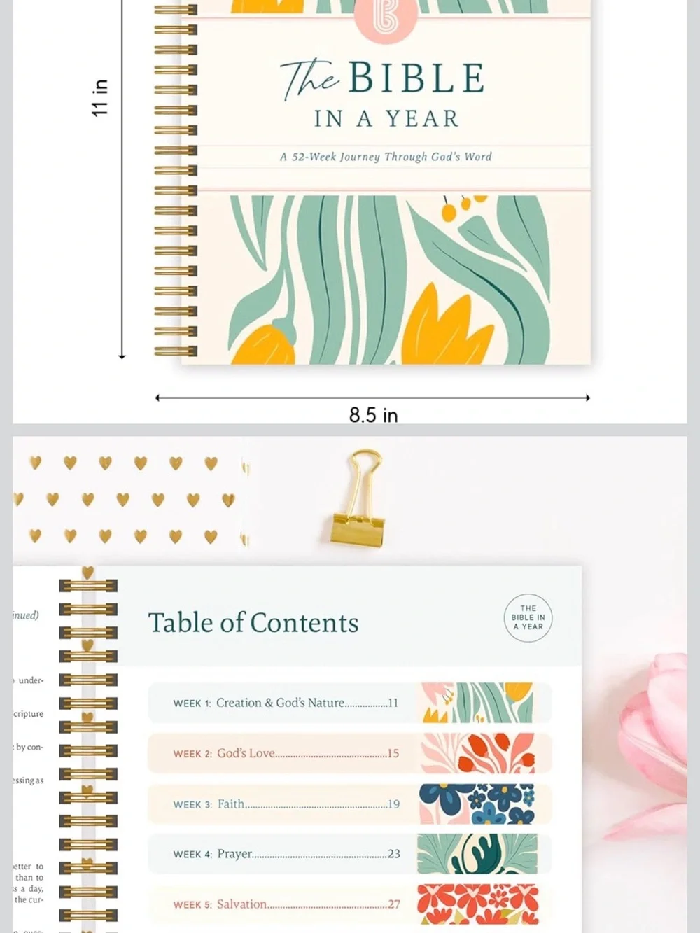 Spiral Bible The Bible in a Year - Floral Cover (Cream, Green, Pink, Yellow)